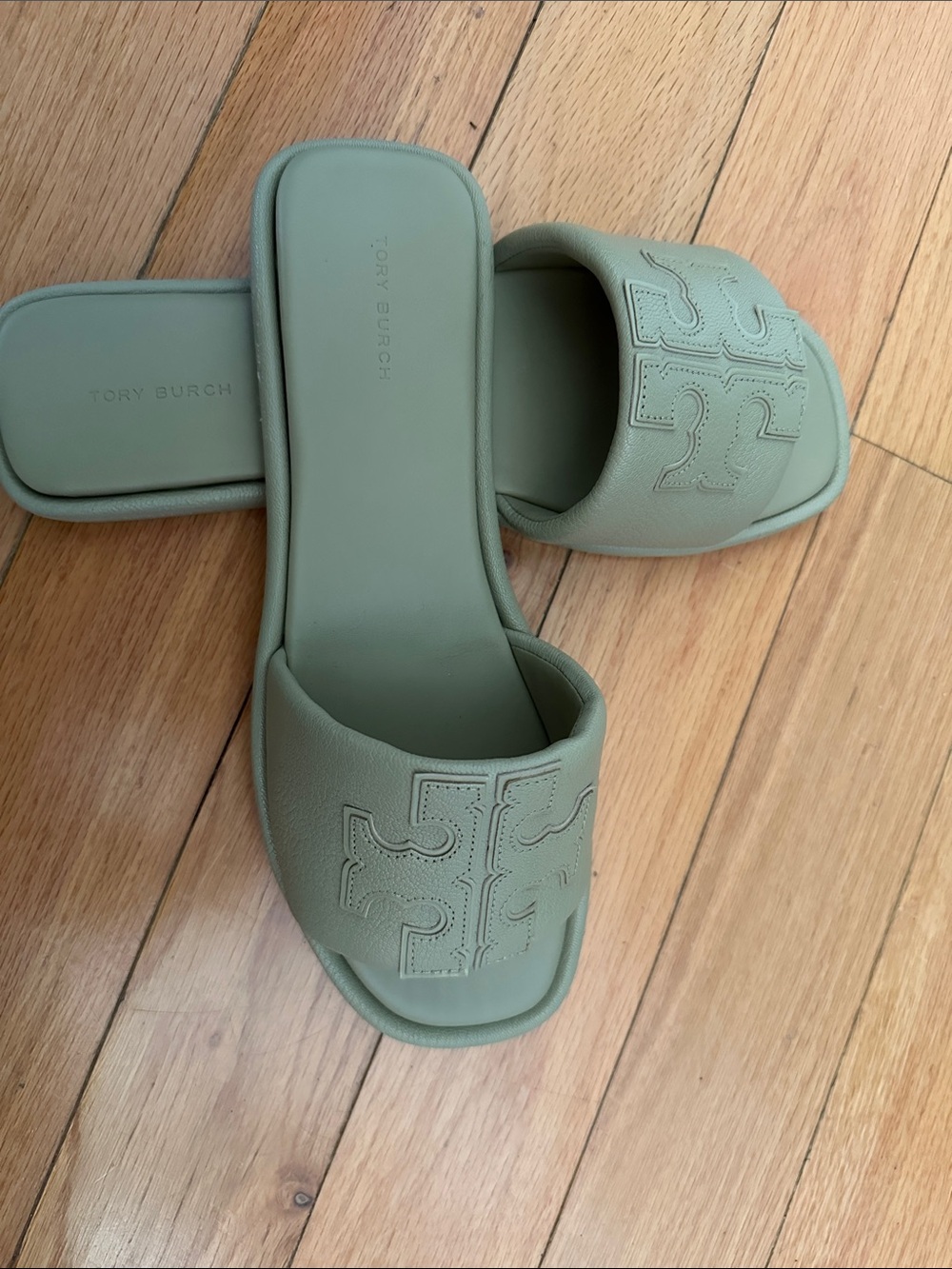 Tory Burch Sage Green Logo Slide Mules